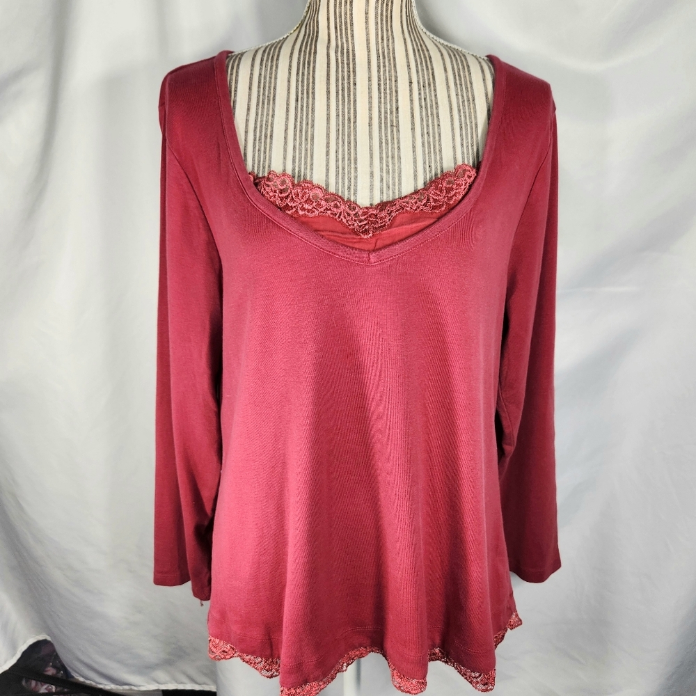 Venezia Red Layer Look V Neck Lace Edged Long Sleeve Cotton Top Plus Size 14/16